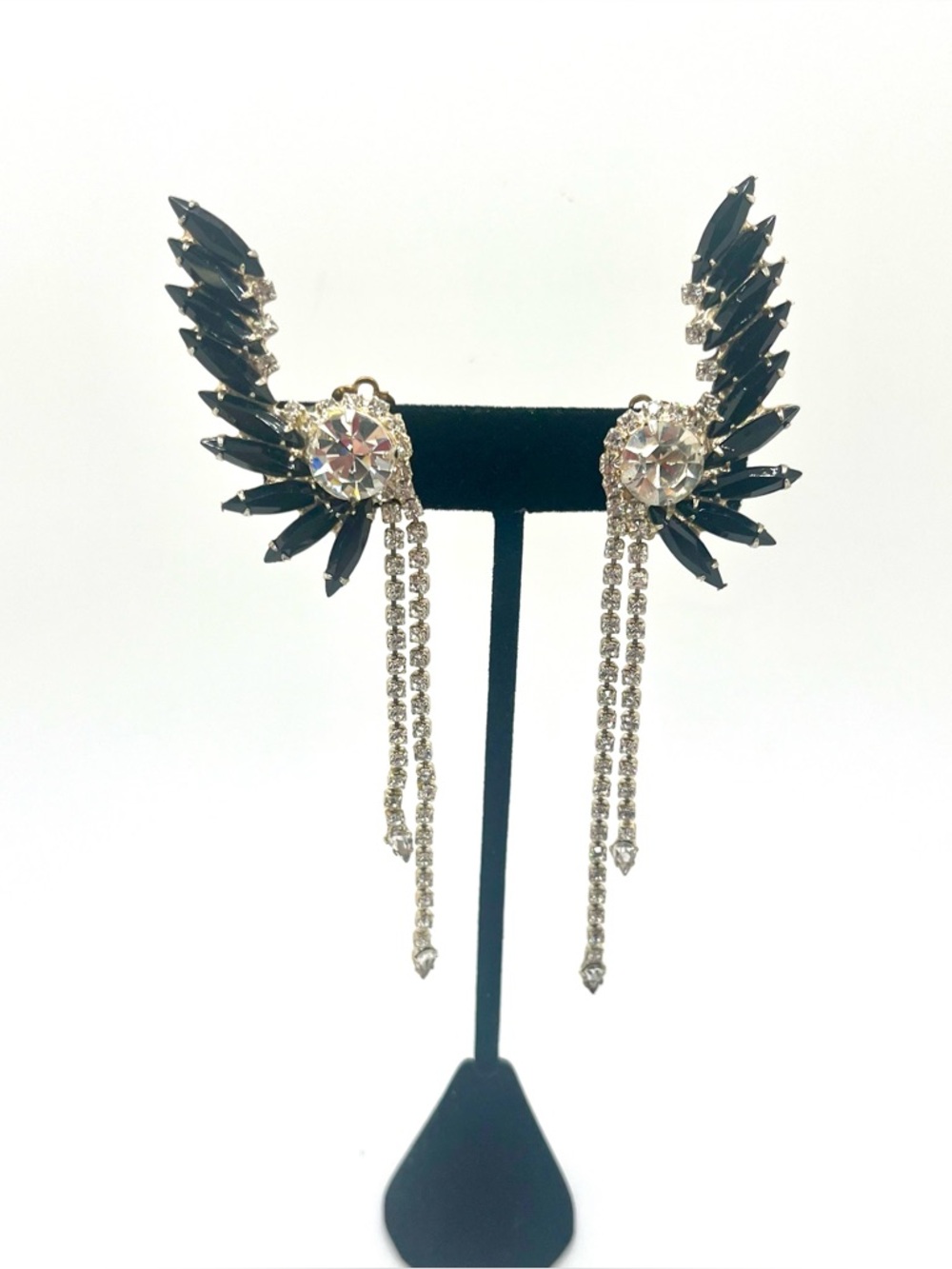vintage black rhinestone wing dangle clip earrings statement fringe. 1980’s - Picture 2 of 8